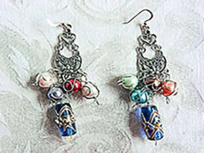 Ohrhänger Aus Altsilber Mit 4 Verdrahteten Glaswachsperlen in Der Mitte, Kette Und Blauer Glasperle Tropfen Ohrringe - 1258+ von EarringsBraceletsEtc