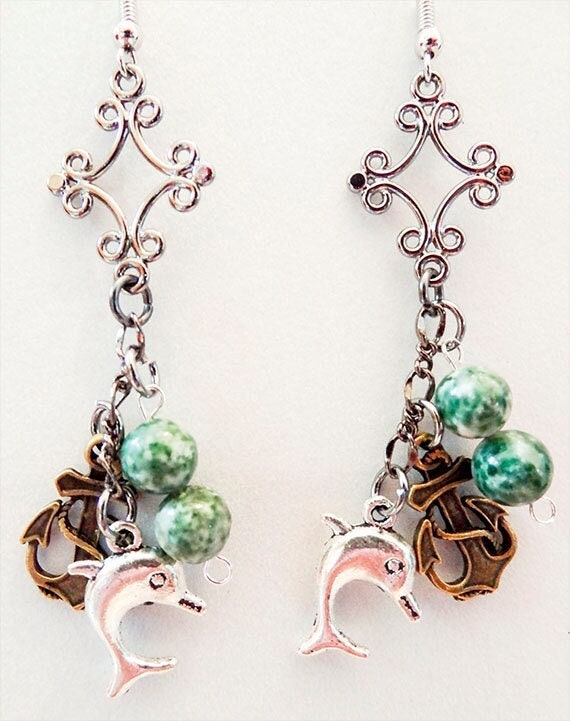 Delfin & Anker Ohrringe Baumachat Meeresschmuck von EarringsBraceletsEtc