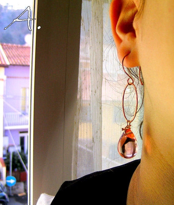 Kupfer Ohrringe Mit Rose Kristall Tropfen. Völlig Handgefertigte Ohrringe. Lange Kupfer Ohrringe Mit Rose Kristall Tropfen. Völlig Handgefertigte Ohrringe. Lange von EarringsandJoy