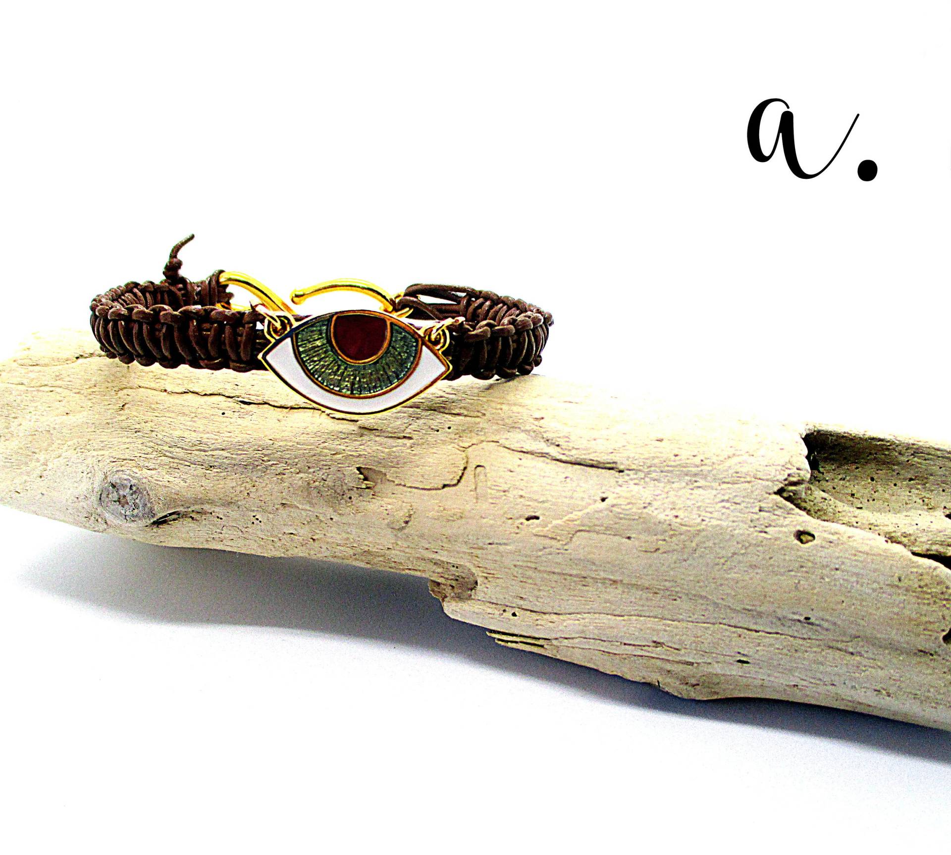 Macramé Lederarmband Mit Glücklichem Auge. Geflochtenes Armband Aus Braunem Leder. Geschenk-Armband. Echtes Auf Bestellung Gefertigt von EarringsandJoy