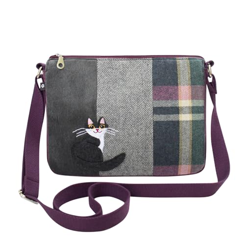 Earth Squared Messenger Bag aus Woll-Tweed für Damen – Applikation Tier-Design, verstellbarer Riemen, Reißverschluss – 27 x 20 x 5 cm, Katzendesign, 27 X 20 X 5 Centimeters von Earth Squared
