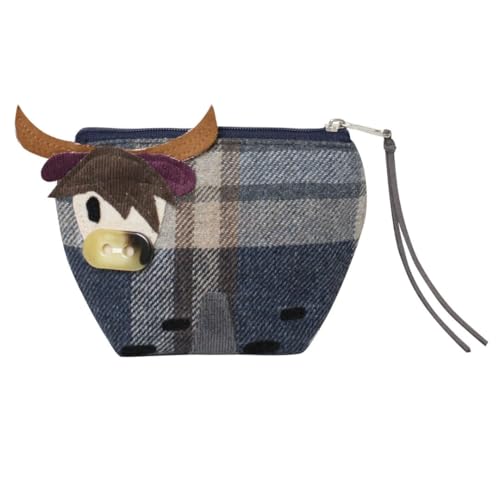 Highland Cow Button Nose Purse - Tartan Tweed Wool Blend - 14 × 10 × 5 cm - Umweltfreundlicher Stoff mit recyceltem Polyester - Tierapplikation Münzbörse - Earth Squared, blau, Einheitsgröße, Neuheit von Earth Squared