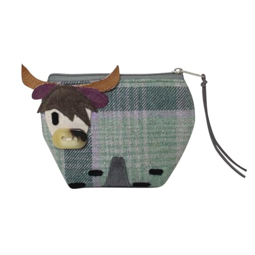 Highland Cow Button Nose Purse - Tartan Tweed Wool Blend - 14 × 10 × 5 cm - Umweltfreundlicher Stoff mit recyceltem Polyester - Tierapplikation Münzbörse - Earth Squared, grün, Einheitsgröße, Neuheit von Earth Squared