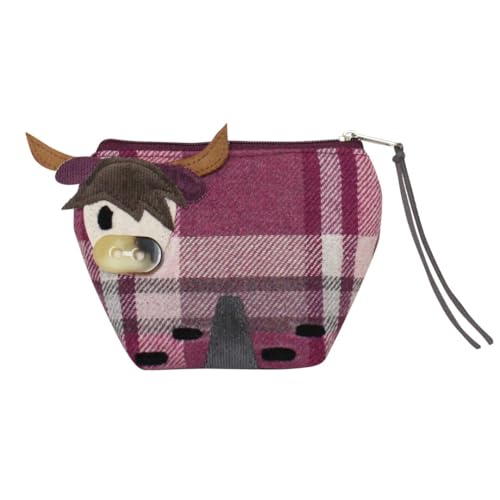 Highland Cow Button Nose Purse - Tartan Tweed Wool Blend - 14 × 10 × 5 cm - Umweltfreundlicher Stoff mit recyceltem Polyester - Tierapplikation Münzbörse - Earth Squared, himbeere, Einheitsgröße von Earth Squared