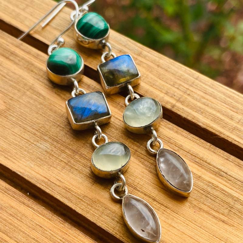 Mix Edelstein Ohrringe Sterling Silber - Multi Stein Kaskaden Blau Grün Kristall Lange Wasserfall von EarthKarmaJewellery
