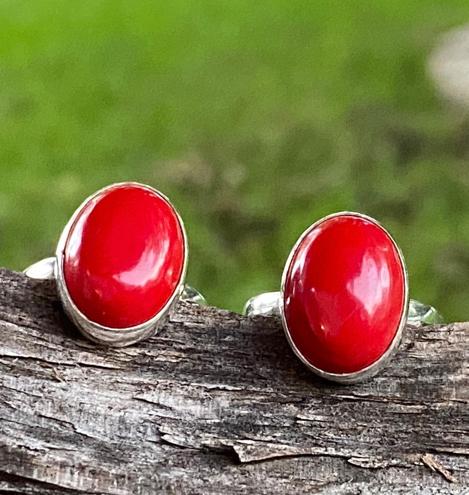 Rote Koralle Sterling Silber Ring Für Männer Frauen Größe 5 6 7 8 9 10 11 Unisex Oval Rot Cabochon Edelstein - Statement -Schmuck Geschenke von EarthKarmaJewellery