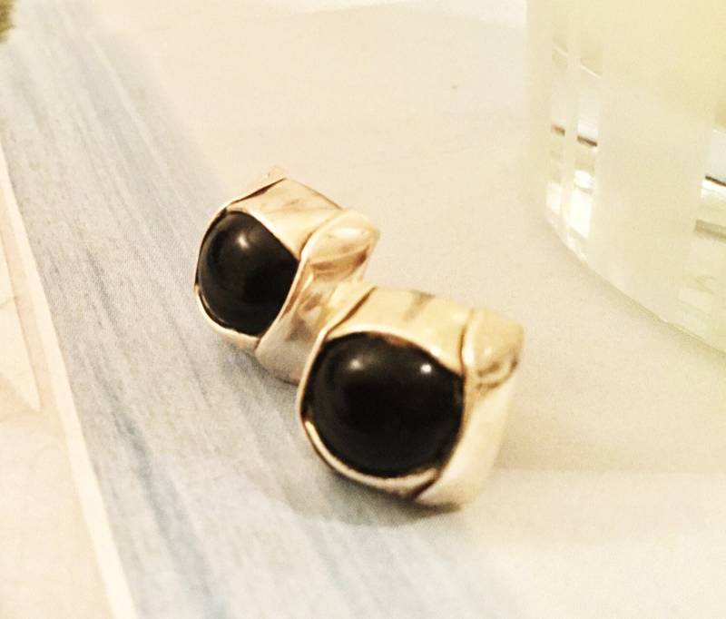 Schwarzer Onyx Sterlingsilber Ohrstecker Lünette Set Edelstein Beiträge von EarthKarmaJewellery