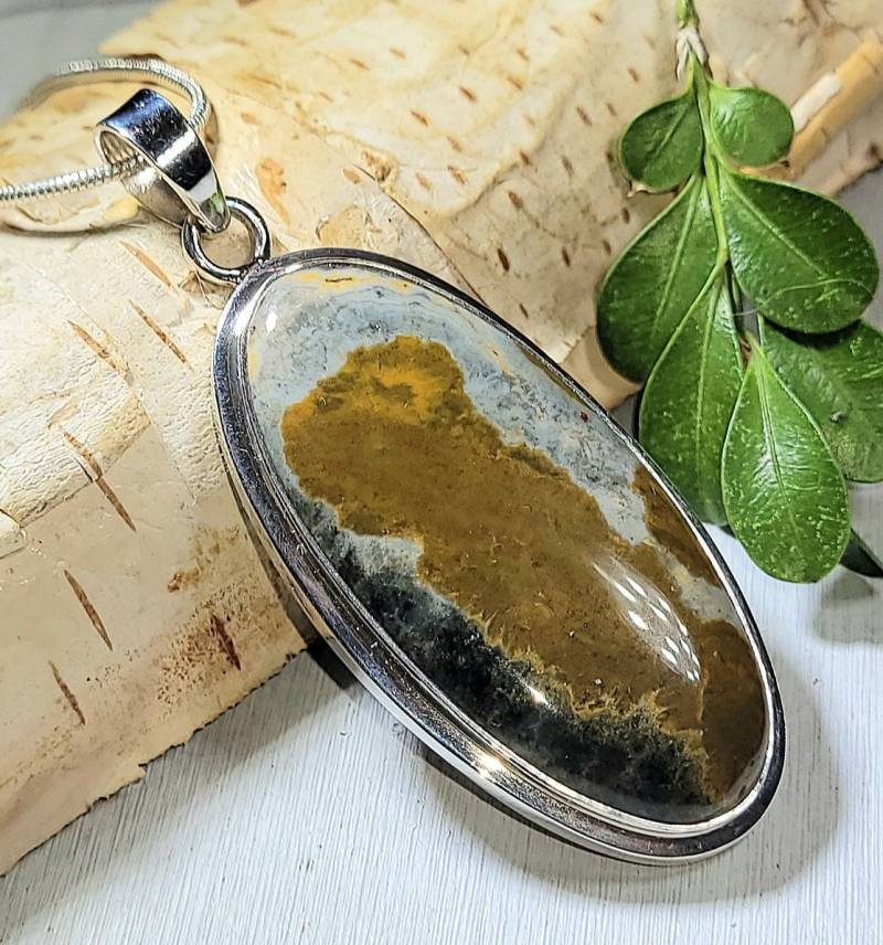 Natürliche Bestnote Atemberaubende Ozean Jaspis Oval Handgemacht .925 Sterling Silber Anhänger 2 1/4 "x 7/8" 13 Gramm An02 von EarthStonzCo