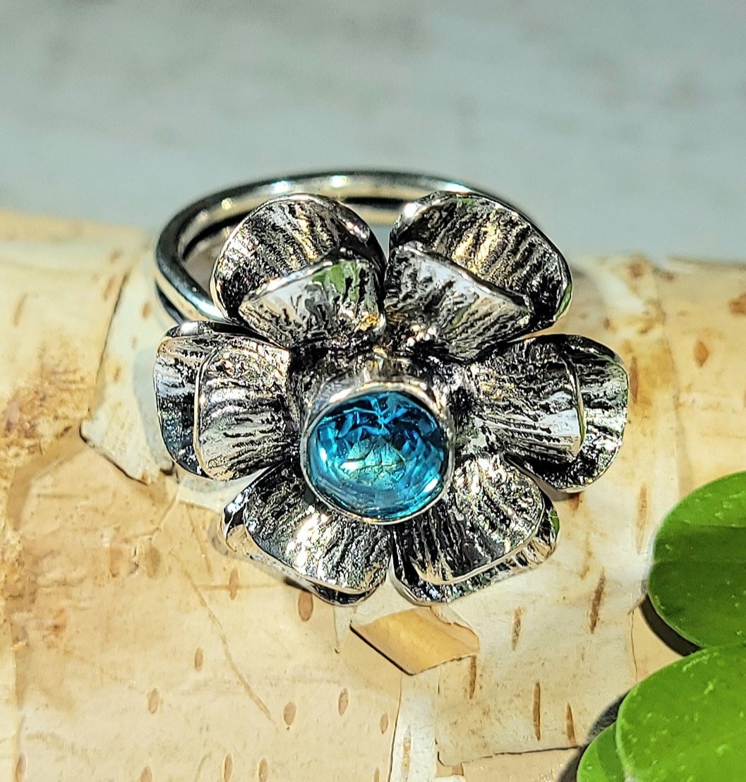 Natürliche Blaue Topas Blumen Design .925 Sterling Silber Ring Größe 7 Gramm 7/8 "Rund F36 von EarthStonzCo