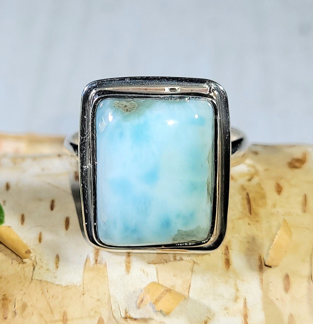 Natürliche Hochwertige Dominikaner Larimar Rechteck .925 Sterling Silber Ring Größe 7, 5 6 Gramm Gesicht Misst 11/16 "x 5/8" Ab05 von EarthStonzCo