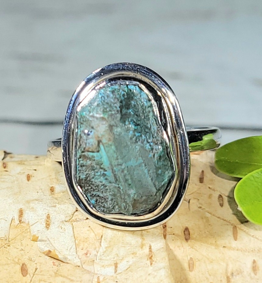 Natürliche Rohe Rough Cut Chrysokoll Handgemachte .925 Sterling Silber Ring Größe 9 5 Gramm 3/4 "x 5/8"cm Cd22." Natürliche Rohe Rough Cut Chrysokoll Handgemachte .925 Sterling Silber Ring Größe 9 5 Gramm 3/4 "x 5/8"cm Cd22." von EarthStonzCo