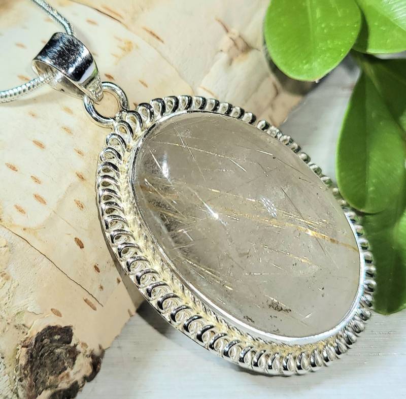 Natürliche Seltene Aa Golden Needle Rutilquarz .925 Sterling Silber Anhänger 14 Gramm 1 7/8 "x 1" En23 von EarthStonzCo