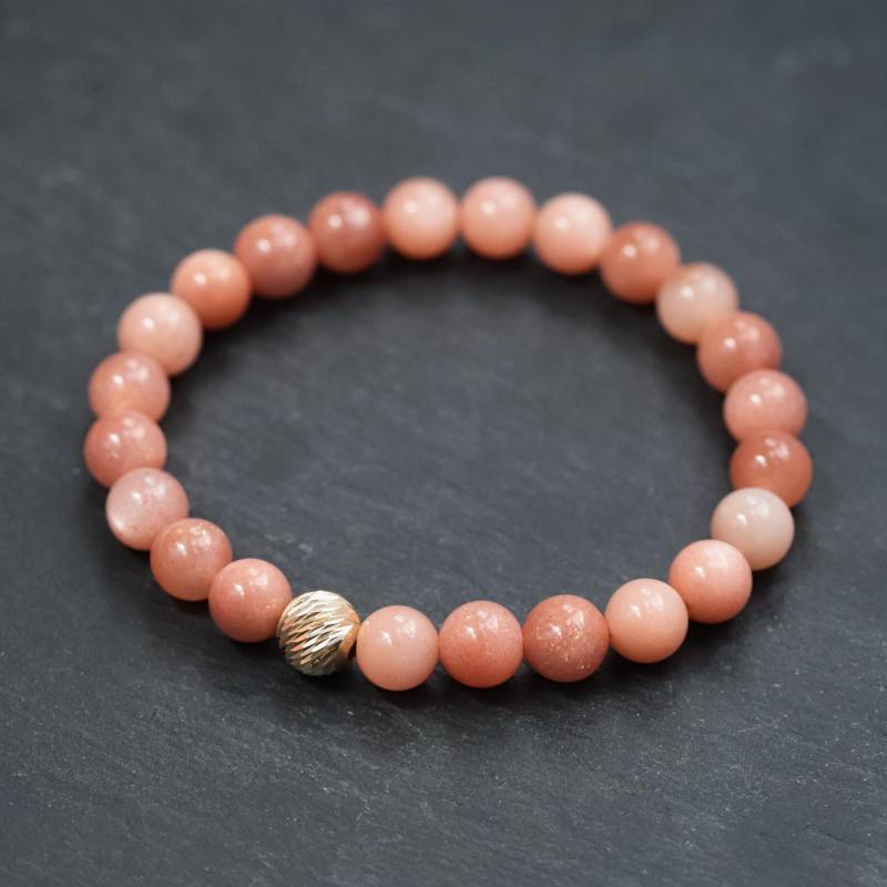 14K Gold Pfirsich-Mondstein Armband 8 Mm | Pfirsich Mondstein Natürliches Elastisch von EarthlyAbundanceGems
