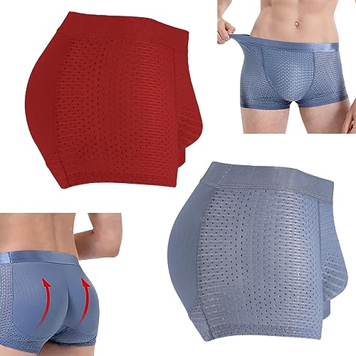 EasPowest Atmungsaktive Herrenunterwäsche aus Nylon-Eisseide, Männer Traceless Hip Bottock Lifter Shape Enhancer Slips gepolsterte Boxer-Unterwäsche (Large,Red+Dark Blue) von EasPowest