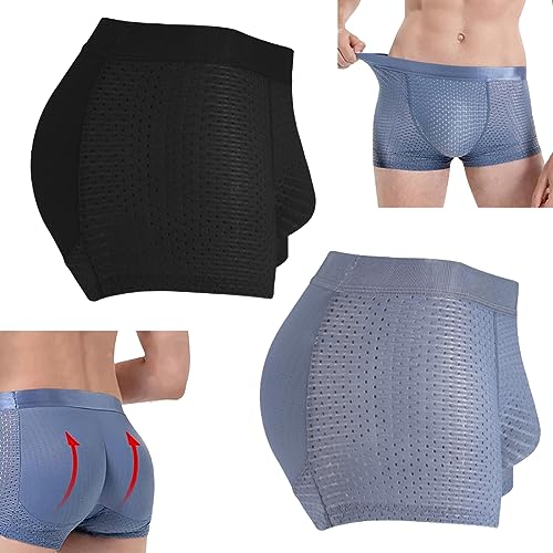 EasPowest Atmungsaktive Herrenunterwäsche aus Nylon-Eisseide, Männer Traceless Hip Bottock Lifter Shape Enhancer Slips gepolsterte Boxer-Unterwäsche (Medium,Black+Dark Blue) von EasPowest