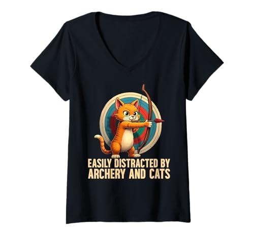 Damen Leicht abgelenkt durch Bogenschießen und Katzenliebhaber, Frauen und Kinder T-Shirt mit V-Ausschnitt von Easily Distracted By Archery And Cats For Kids
