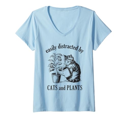 Damen Leicht abgelenkt von Katzen und Pflanzen, Katzenmutter, Gärtner T-Shirt mit V-Ausschnitt Damen Leicht abgelenkt von Katzen und Pflanzen, Katzenmutter, Gärtner T-Shirt mit V-Ausschnitt von Easily Distracted By Cats And Plants Cat Mom