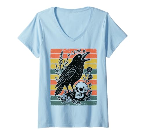Damen F-Caw-F Black Crow Wortspiel Lustiger schwarzer Vogel Spruch Meme Humor T-Shirt mit V-Ausschnitt Damen F-Caw-F Black Crow Wortspiel Lustiger schwarzer Vogel Spruch Meme Humor T-Shirt mit V-Ausschnitt von Easily Distracted By Crows