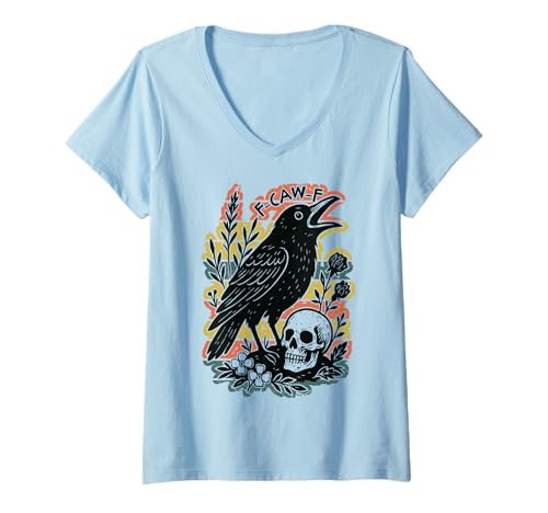 Damen F-Caw-F Black Crow Wortspiel Lustiger schwarzer Vogel Spruch Meme Humor T-Shirt mit V-Ausschnitt Damen F-Caw-F Black Crow Wortspiel Lustiger schwarzer Vogel Spruch Meme Humor T-Shirt mit V-Ausschnitt von Easily Distracted By Crows
