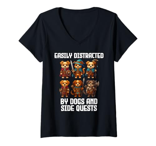Damen Easily Distracted by Dogs and Side Quests Funny Gamer T-Shirt mit V-Ausschnitt Damen Easily Distracted by Dogs and Side Quests Funny Gamer T-Shirt mit V-Ausschnitt von Easily Distracted By Dogs And Side Quests Apparel