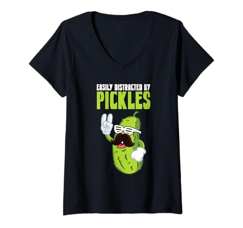 Damen Leicht abgelenkt durch Gurken, Gurken, Gemüse, P T-Shirt mit V-Ausschnitt von Easily Distracted By Pickles