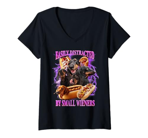 Damen Leicht abgelenkt von kleinen Wienern lustiger beleidigender Dackel T-Shirt mit V-Ausschnitt von Easily Distracted By Small Wieners Offensive