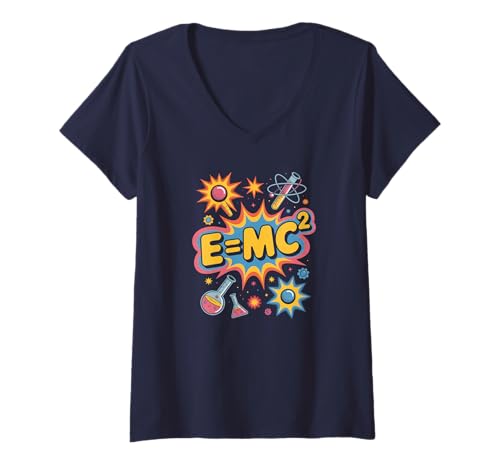 Damen Cooler E=MC2 Lustiger Comic-STEM-Teamlehrer Learn Geek Tech T-Shirt mit V-Ausschnitt von Easily Distracted By Think Stud Inspire School