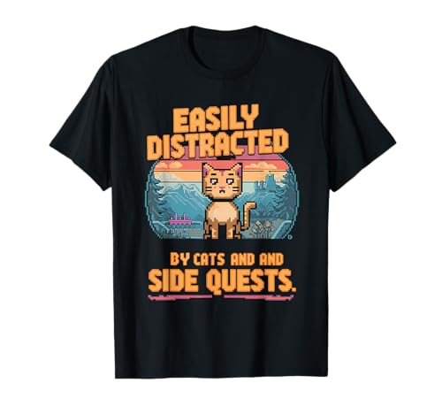 Leicht abgelenkt von Katzen Side Quests Gamer Männer Frauen Kinder T-Shirt von Easily Distracted Gamers Cat Lovers