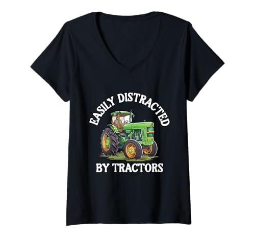 Damen Leicht von Traktoren abgelenkt T-Shirt mit V-Ausschnitt Damen Leicht von Traktoren abgelenkt T-Shirt mit V-Ausschnitt von Easily Distracted by Tractors
