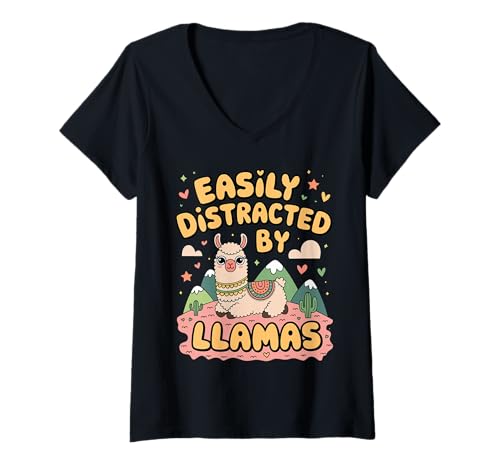 Damen Leicht von Lamas abgelenkt T-Shirt mit V-Ausschnitt Damen Leicht von Lamas abgelenkt T-Shirt mit V-Ausschnitt von Easily distracted by Apparel