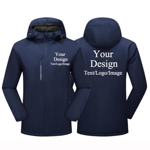 East-hai-buy Benutzerdefinierte Logo wasserdichte Jacke Outdoor Windjacke Bergsteigen Wandern Camping Warm Personalisierte Mantel Herren Damen Frühling Herbst Winter Fleece Hoodie Navy,L von East-hai-buy
