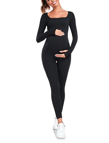 EastElegant Mutterschaft Nahtlose Yoga Jumpsuits Damen Einteiler Workout Bodys Gerippter Quadratischer Ausschnitt Langarm Strampler, Schwarz, X-Large von EastElegant