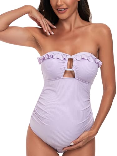 EastElegant Mutterschaft Rüschen Gerippt Ausschnitt Einteilige Bademode Quadratische Ring Verknüpft Schwangerschaft Badeanzug, Violett, Medium von EastElegant