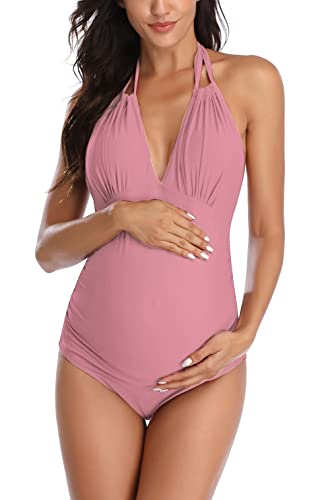 EastElegant Umstands-Badeanzüge, Einteiler, V-Ausschnitt, Schwangerschafts-Bademode, Neckholder, Umstands-Bikini, Pink, Large von EastElegant