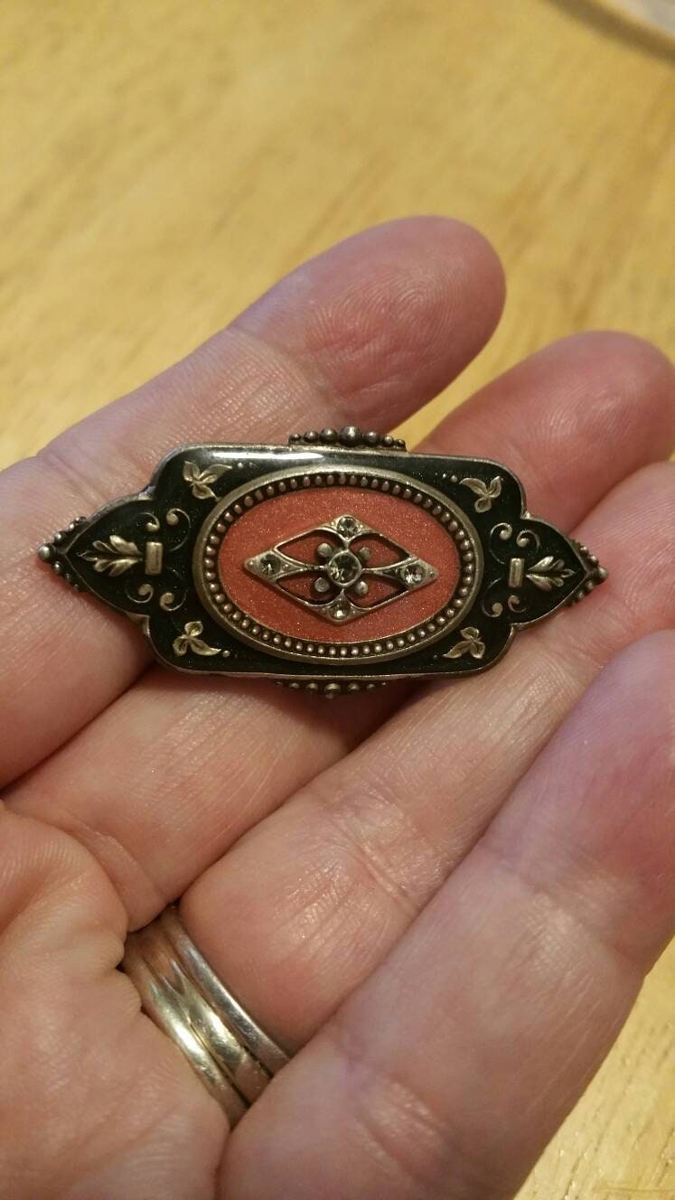 Edwardian Style, Sterling Silber, Schwarz Und Pfirsich, Rechteckige Brosche Mit Strass, Antiker Schmuck von EastIdahoCompany