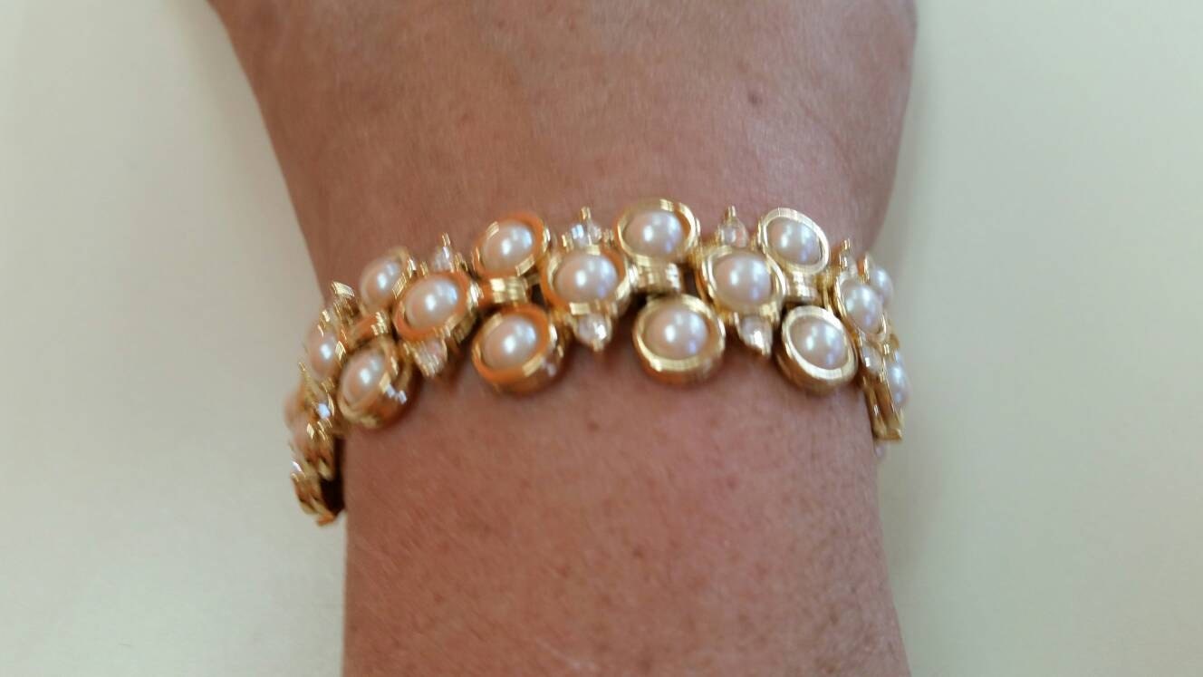 Preiswerte Bling Gold Getönten Strass Und Faux Perle Link Armband Modeschmuck Mode Accessoire von EastIdahoCompany