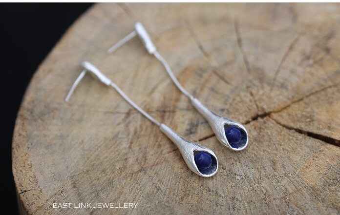 990 Sterling Silber Blau Calla Lilie Blume Tropfen Ohrstecker Von Osten-Link-Schmuck von EastLinkJewellery