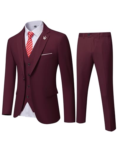 EastSide Herren Slim Fit 3-teiliger Anzug, Ein-Knopf-Blazer-Set, Jacke, Weste & Hose, Burgunder, XL von EastSide