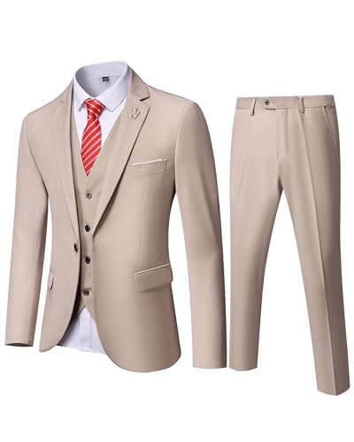 EastSide Herren Slim Fit 3-teiliger Anzug, Ein-Knopf-Blazer-Set, Jacke Weste & Hose, beige, M von EastSide