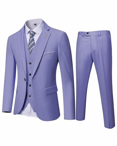 EastSide Herren Slim Fit 3-teiliger Anzug, Ein-Knopf-Blazer-Set, Jacke Weste & Hose, violett, S von EastSide