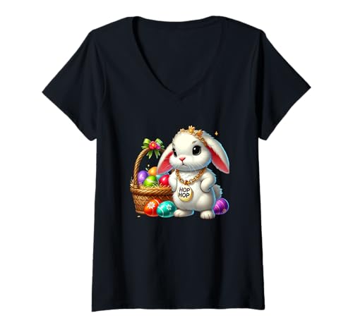Damen Hop Hop Osterhase mit Eiern Charm T-Shirt mit V-Ausschnitt Damen Hop Hop Osterhase mit Eiern Charm T-Shirt mit V-Ausschnitt von Easter Bunny Festive Spring Fun Surprise