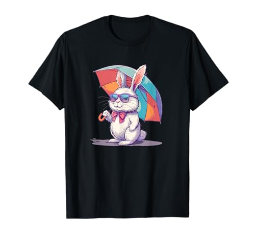 Farbenfroher Regenschirm mit hübschem Hasenkostüm mit Bespektakel T-Shirt von Easter Bunny Umbrella Outfit
