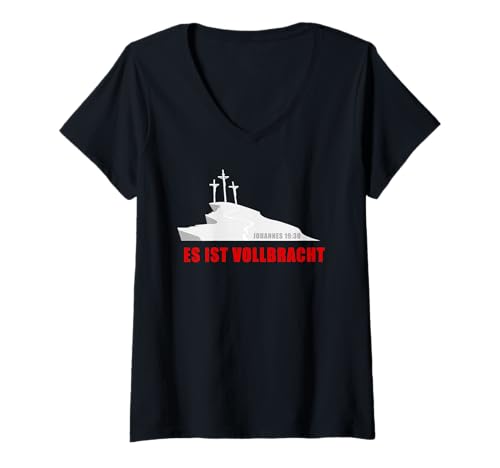Damen ES IST VOLLBRACHT – Passover Easter Jesus Cross (German) T-Shirt mit V-Ausschnitt von Easter Christian Faith Blessings