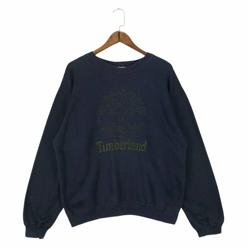 Vintage Timberland Weathergear Sweatshirt Crewneck Spellout Stickerei Big Logo Navy Blauer Pullover Größe M von EasternGarment