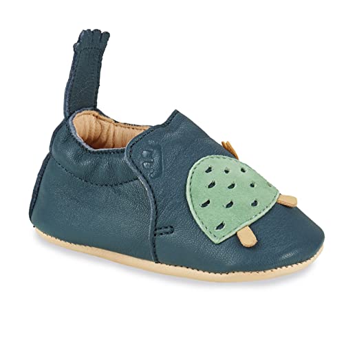 easy peasy Krabbelschuhe Blumoo Lauflernschuhe Jungen Mädchen Weicher Leder Baby-Hausschuhe Kleinkind rutschfest, Motiv-Schildkröte, Farbe-DenimBlau, Größe 0-6 Monate von easy peasy