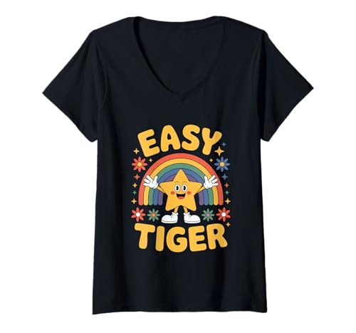 Damen Einfacher Tiger T-Shirt mit V-Ausschnitt von Easy Tiger Vibes