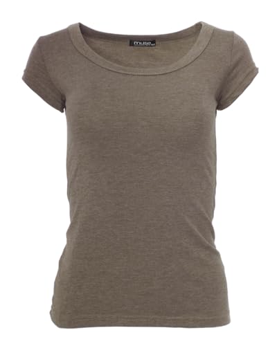 Easy Young Fashion - Damen Basic Rundhals T-Shirt - Kurzarm Unterziehshirt Skinny Fit 1001 - Braun Meliert L von Easy Young Fashion
