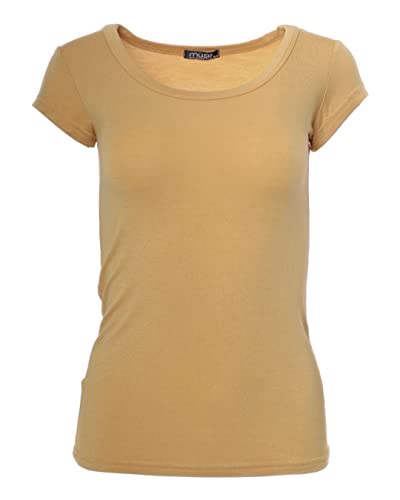 Easy Young Fashion - Damen Basic Rundhals T-Shirt - Kurzarm Unterziehshirt Skinny Fit 1001 - Camel M von Easy Young Fashion