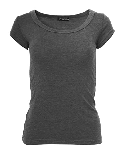 Easy Young Fashion - Damen Basic Rundhals T-Shirt - Kurzarm Unterziehshirt Skinny Fit 1001 - Dunkelgrau L von Easy Young Fashion