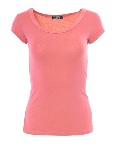 Easy Young Fashion - Damen Basic Rundhals T-Shirt - Kurzarm Unterziehshirt Skinny Fit 1001 - Koralle L von Easy Young Fashion